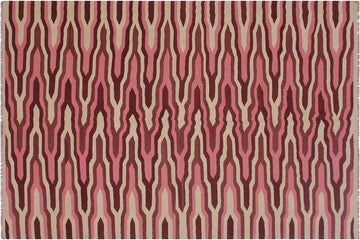 Flat Weave Kilim, Antique, Navaho, Vintage, Handmade, Modern Kilim Ivory Pink Hand-Woven Rectangle 100% Wool Area Rug 6 x 9
